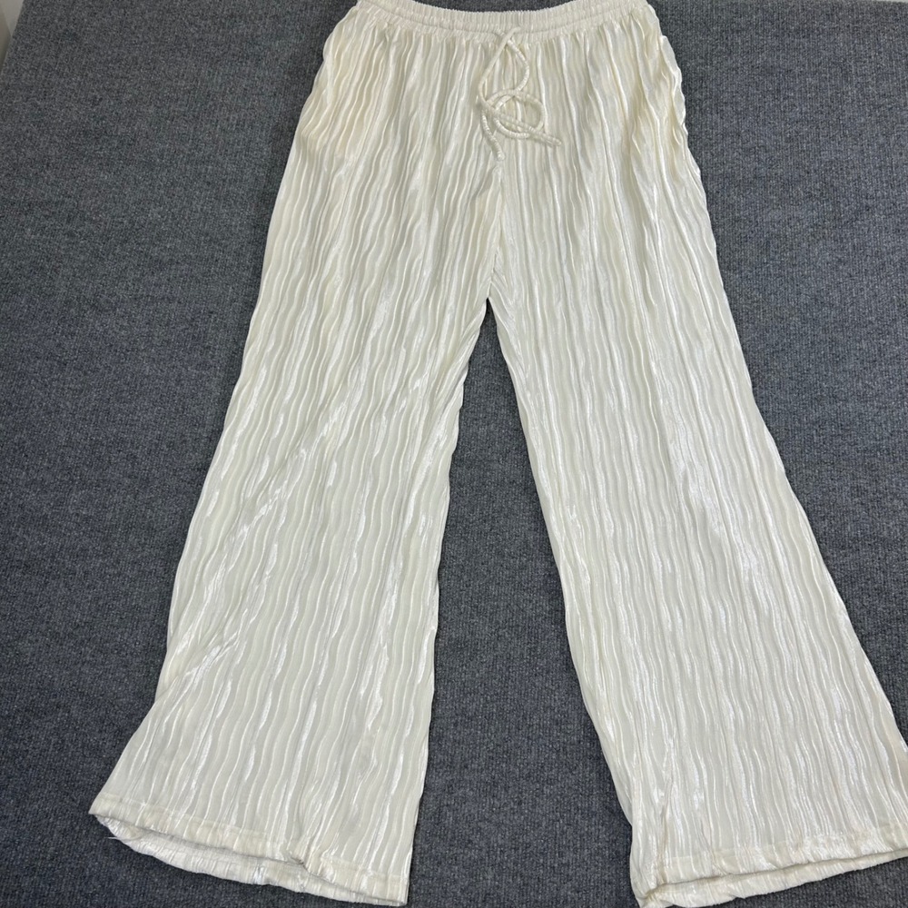 Mi Ami for Francescas Ivory Crushed Velvet Wide Leg Pants Drawstring Large NEW